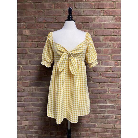 Made With Love Mustard Gingham Check Short Sleeve Dress Size Medium NWT - Picture 2 of 5